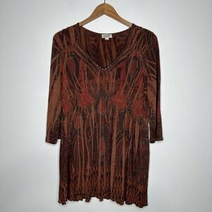 One World Babydoll Tunic Top Brown Paisley Embellished Boho Size 1X